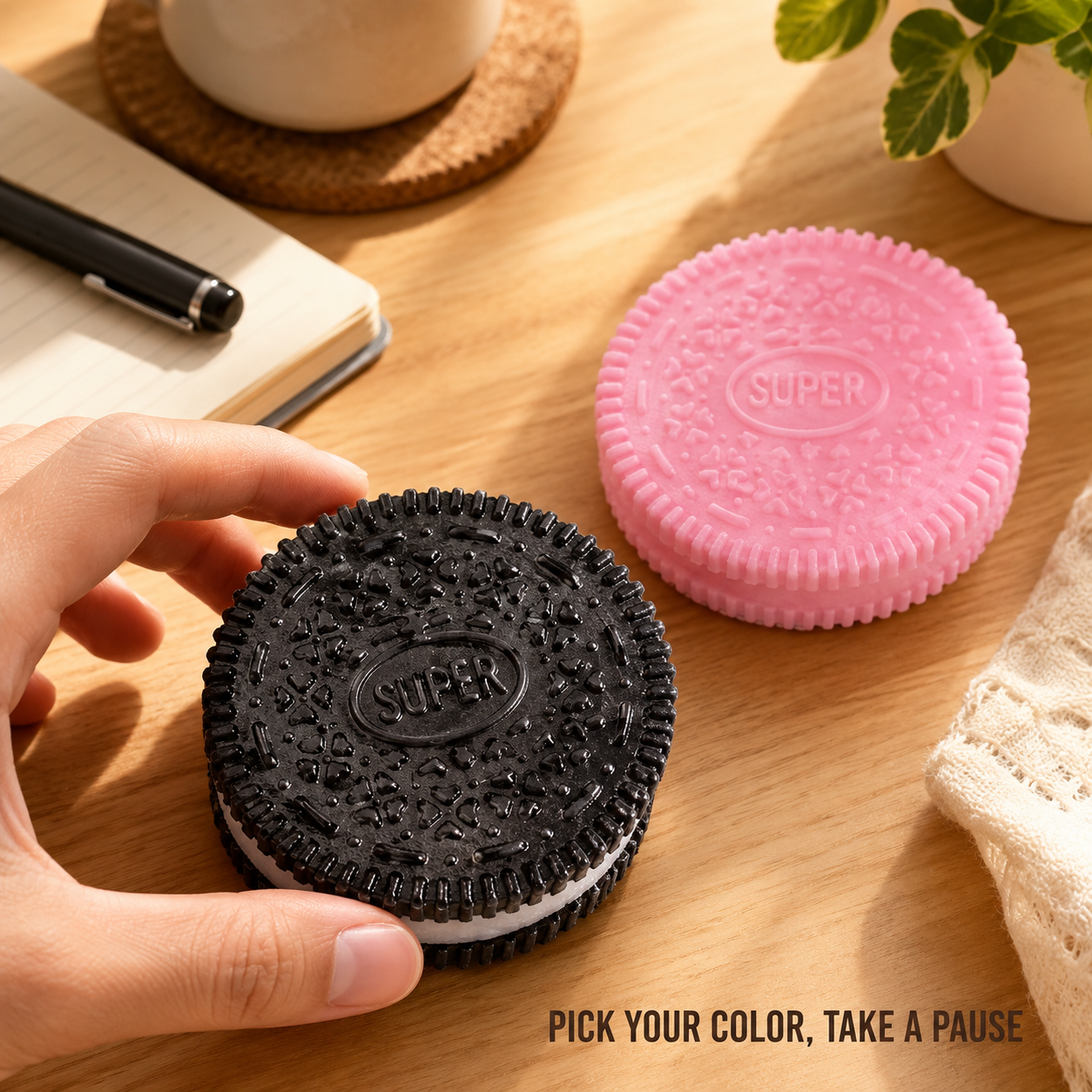 Black and pink sandwich-cookie sensory toys in a desk scene