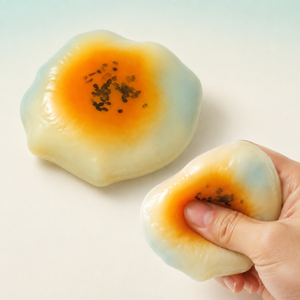 Shaped egg-yolk cake fluid-filled sensory squishy hero with hand-squeeze demonstration