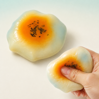 Shaped egg-yolk cake fluid-filled sensory squishy hero with hand-squeeze demonstration