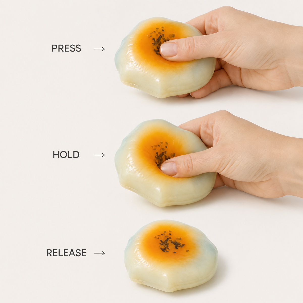 Shaped egg-yolk cake fluid-filled sensory squishy press hold release guide