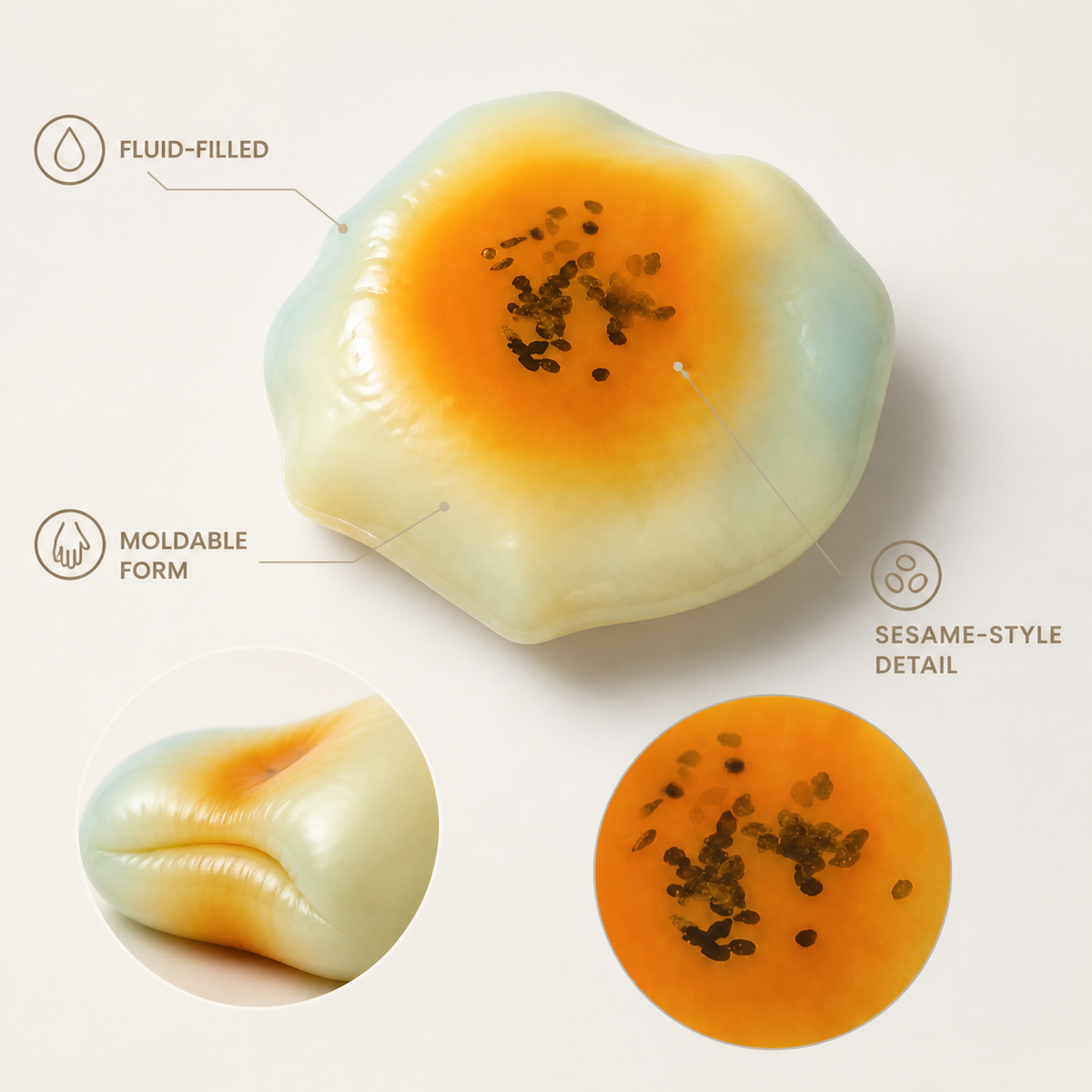 Shaped egg-yolk cake fluid-filled sensory squishy features