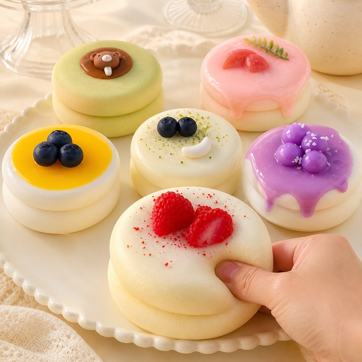 Six soufflé cake styles with a hand pressing strawberry cream