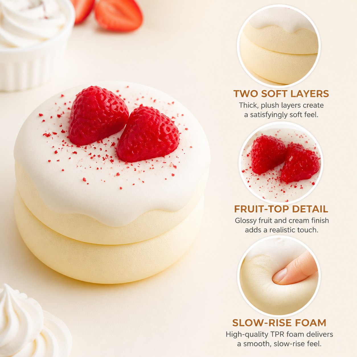 Soufflé cake two soft layers fruit top and slow-rise foam details