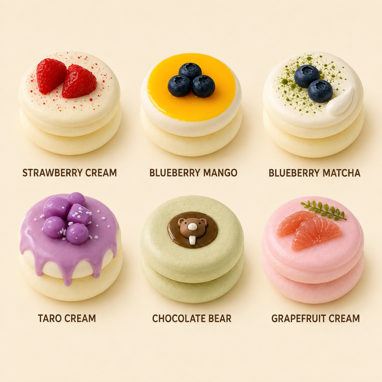 Six labeled soufflé cake styles