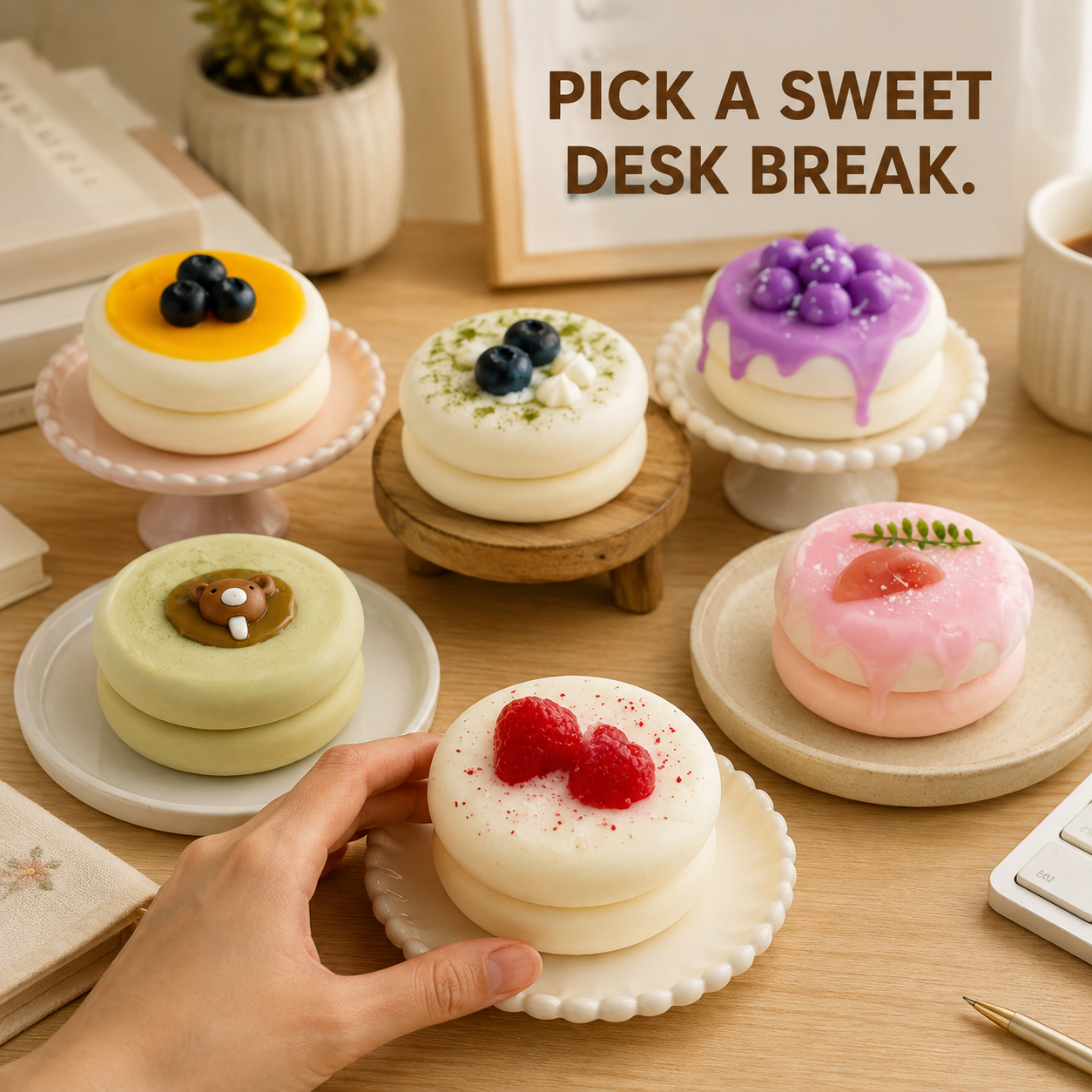 Six soufflé cake sensory toys on a cozy home-office desk
