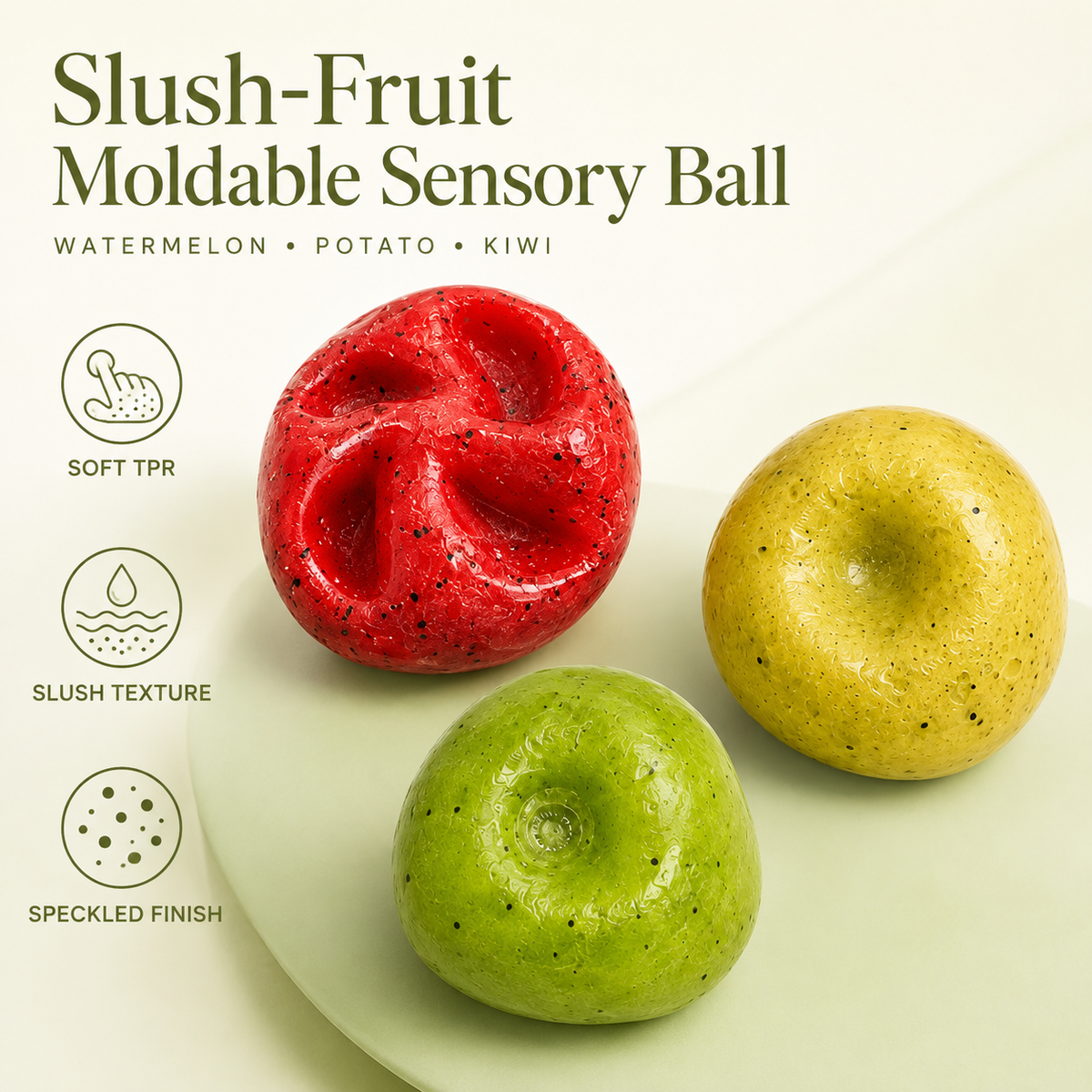 Three-Style Slush-Fruit Moldable Sensory Ball – 6 cm — Features