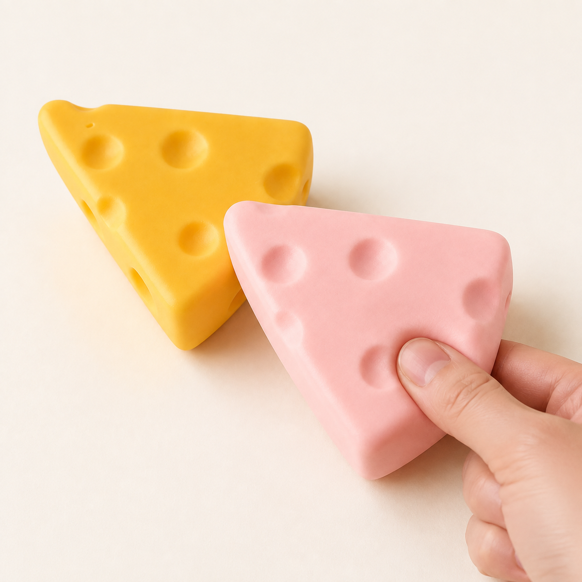 Small cheese squishy yellow and pink variants shown with hand press