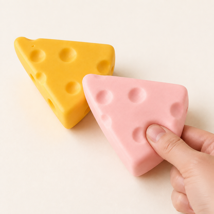 Small cheese squishy yellow and pink variants shown with hand press