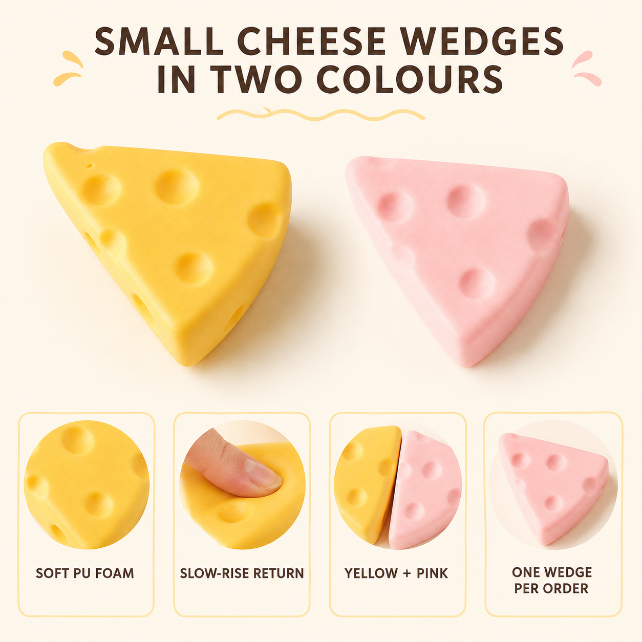 Small cheese squishy product features and colour options
