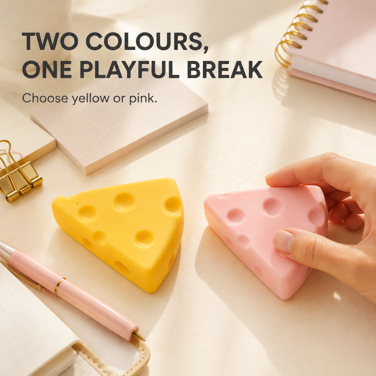 Small cheese squishy yellow and pink desk lifestyle