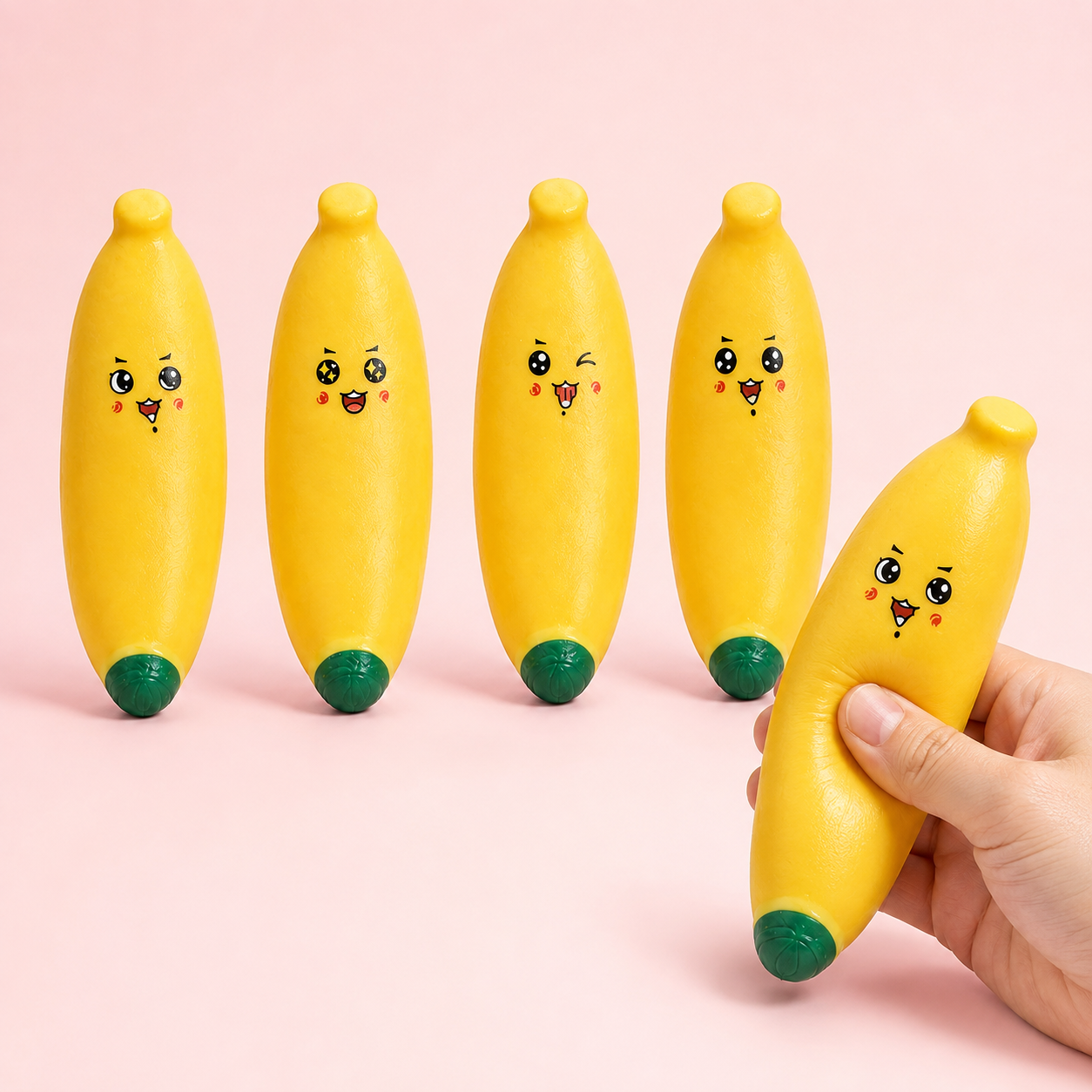 Four assorted smiley banana sensory squeeze toys hero with hand squeeze