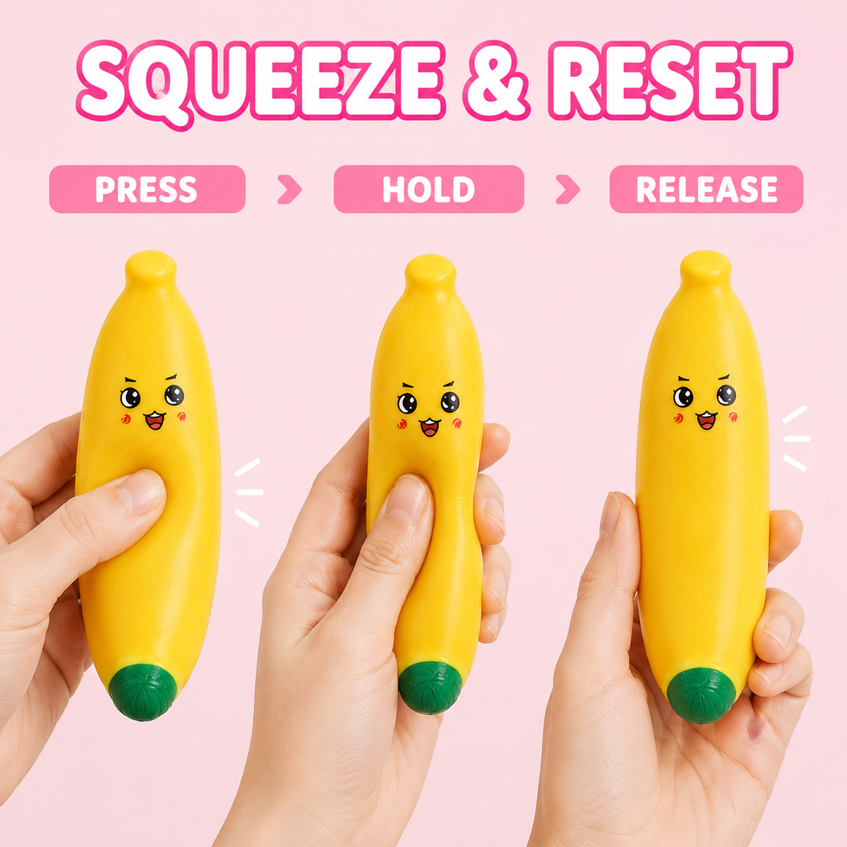 Smiley banana sensory squeeze toy press hold release