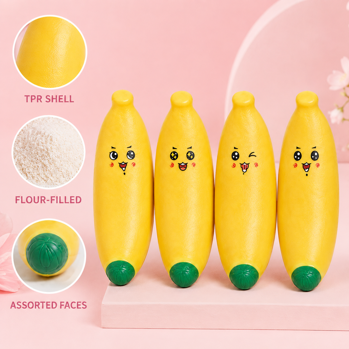 Four assorted smiley banana sensory squeeze toy details