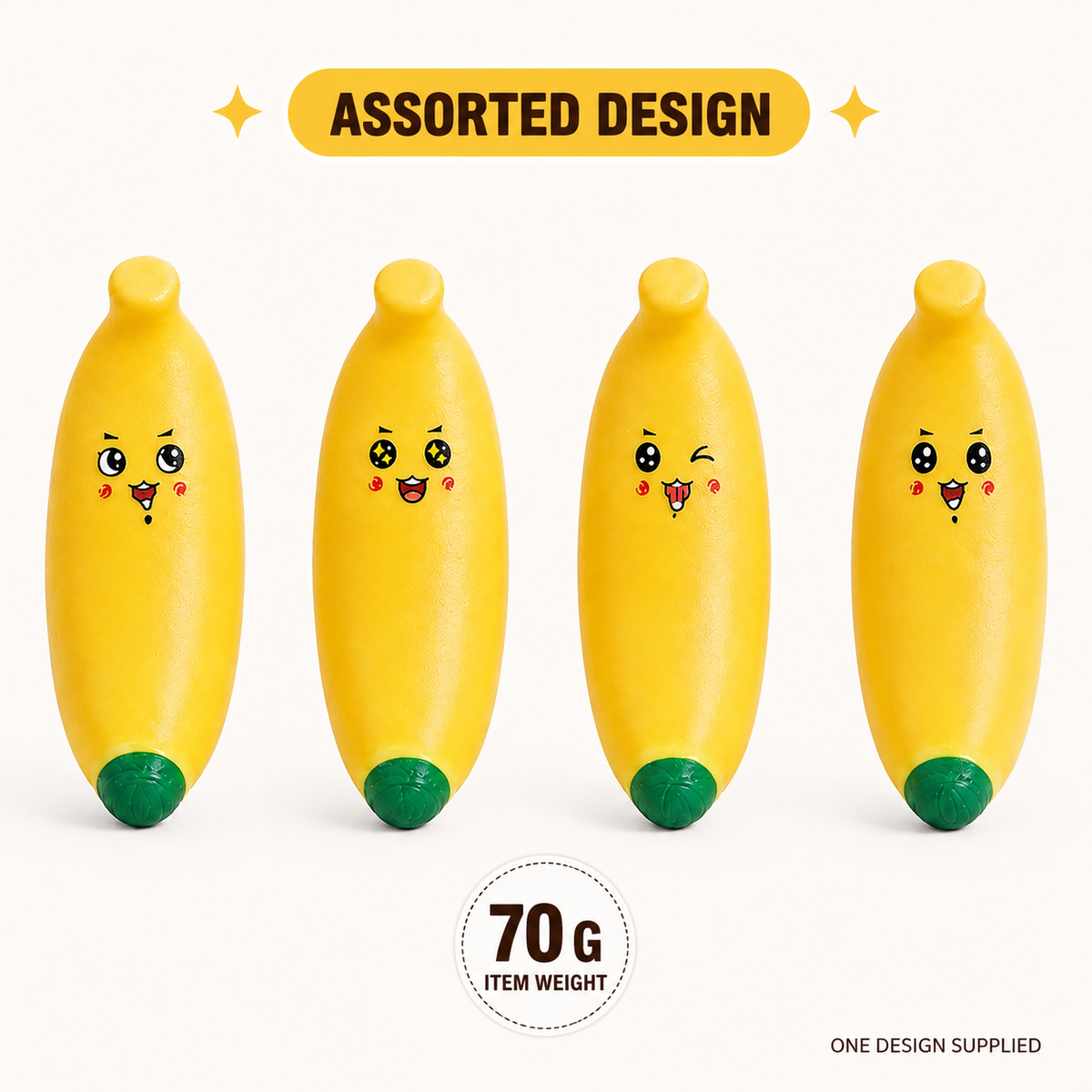Assorted smiley banana sensory squeeze toy 70 gram specification