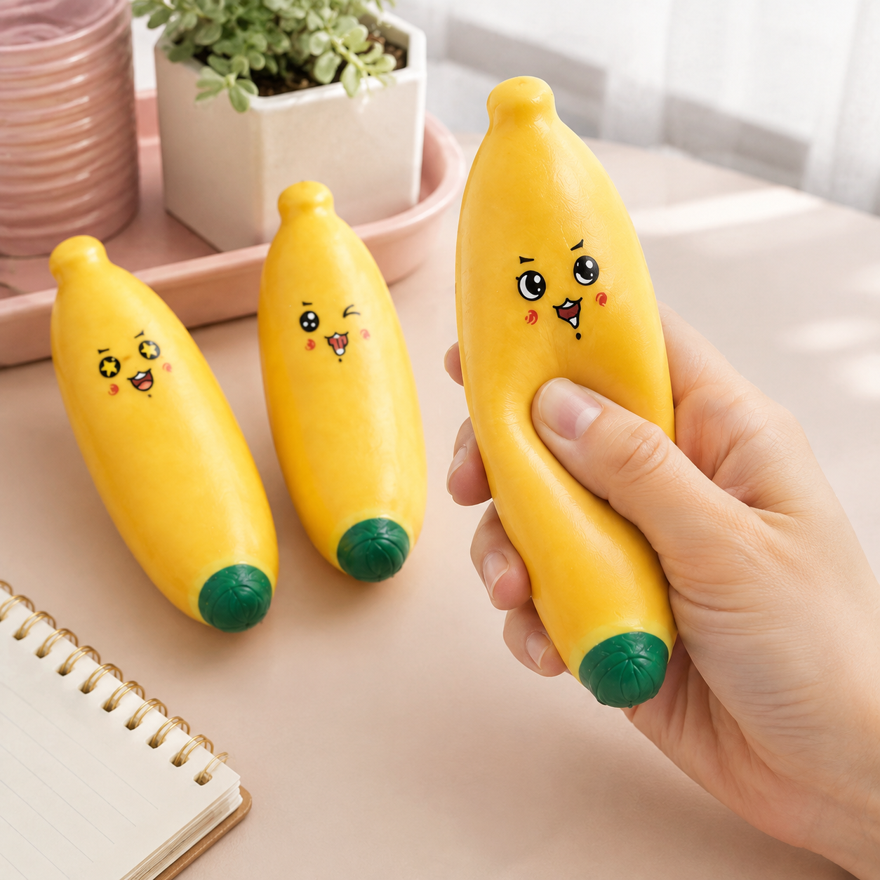 Smiley banana sensory squeeze toy desk break lifestyle