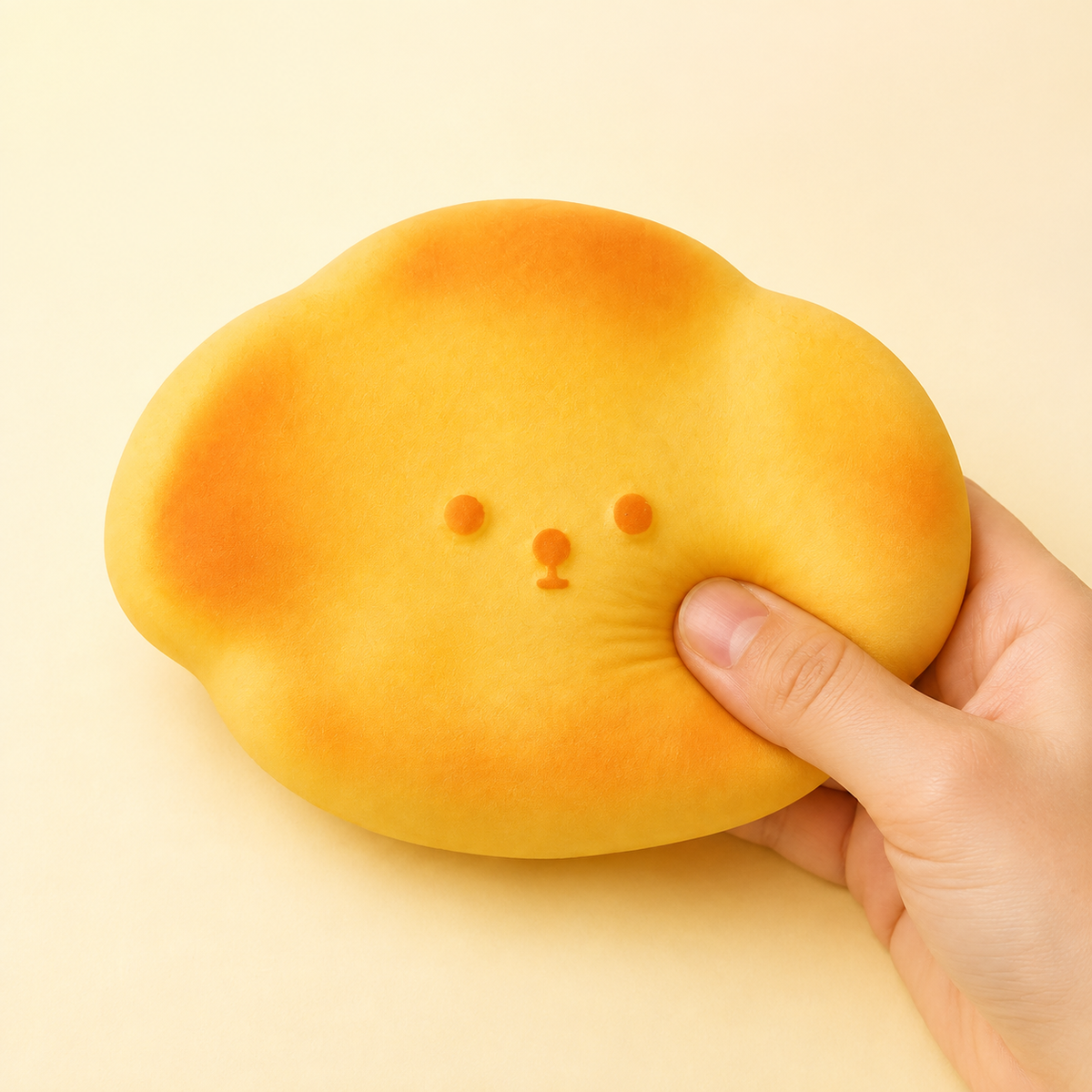 Yellow snow cake dog slow-rise squishy with hand pressing the edge