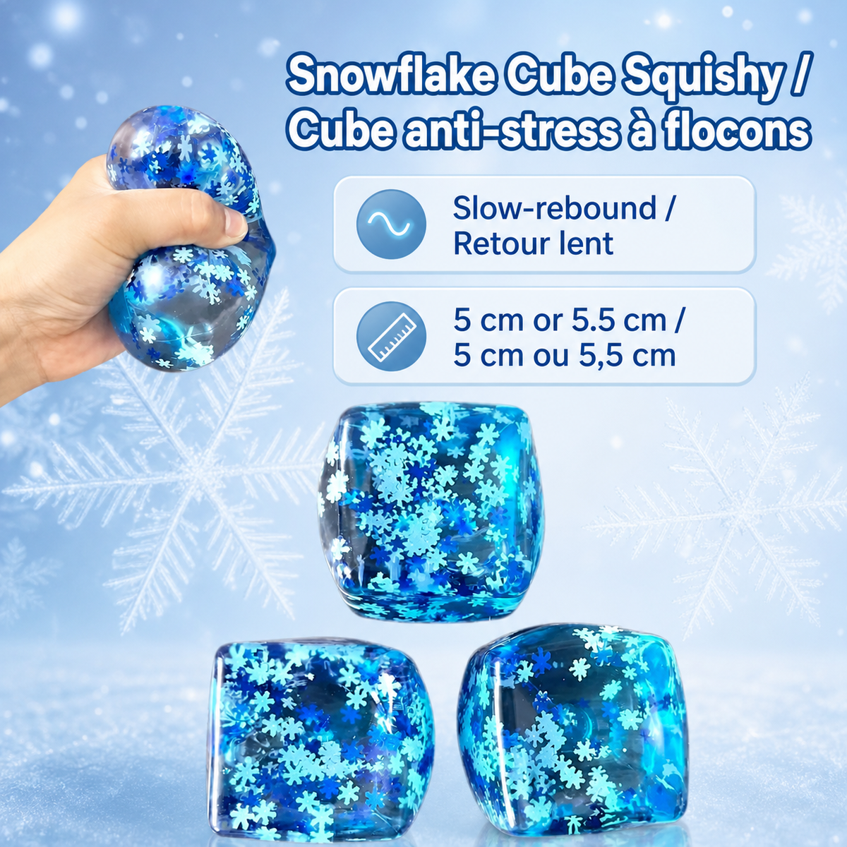 Snowflake cube squishy bilingual size and feature image