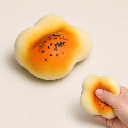 Soft egg yolk pastry fluid-filled sensory squishy hero and squeeze action