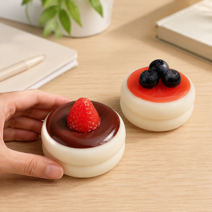 Strawberry and blueberry soufflé squeeze toys on a cozy desk