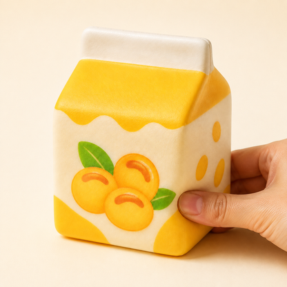 Soy milk carton slow-rise squishy with a hand gently squeezing the lower-right side