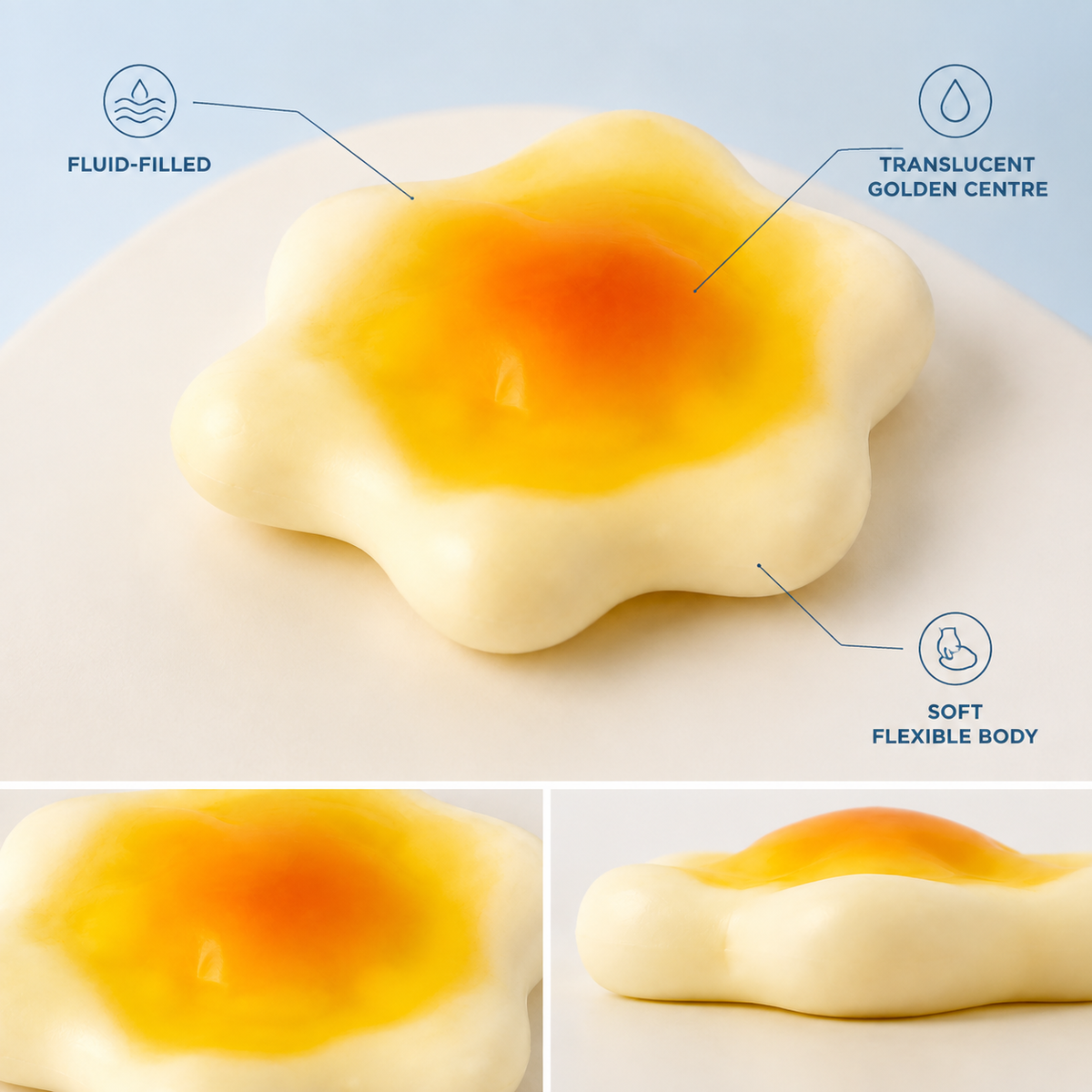 Soymilk fluid-filled sensory squeeze toy features
