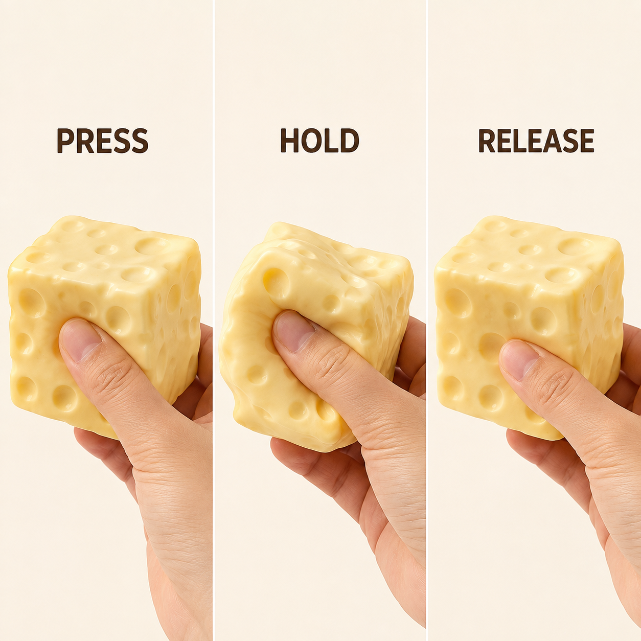 Yellow square-cheese toy press hold and release guide