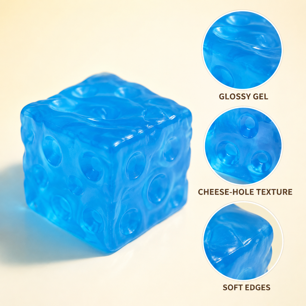 Blue square-cheese glossy gel holes and soft edges