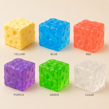Six square-cheese sensory squeeze toy color variants