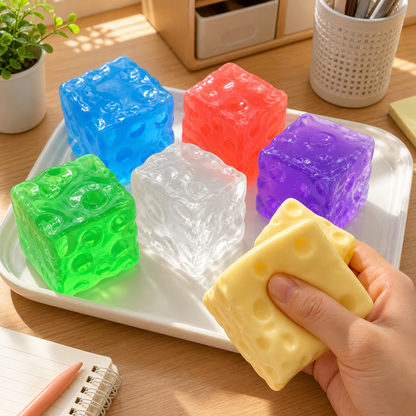 Six square-cheese sensory toys arranged on a desk