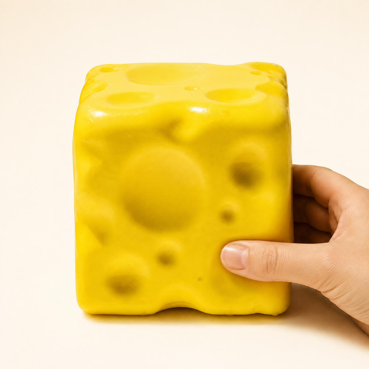 Large square cheese slow-rise squishy with a hand gently squeezing the lower-right side