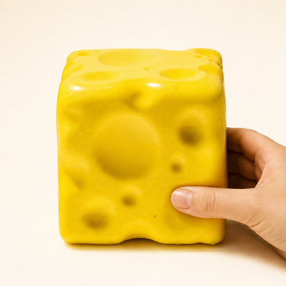 Large square cheese slow-rise squishy with a hand gently squeezing the lower-right side