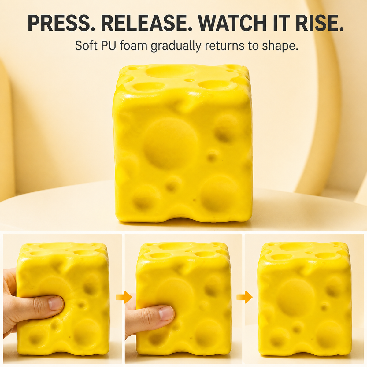 Large square cheese slow-rise squishy press release and rise action guide