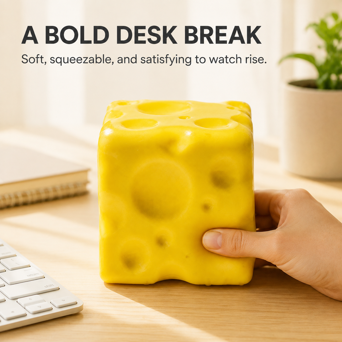 Large square cheese slow-rise squishy as a bold desk break