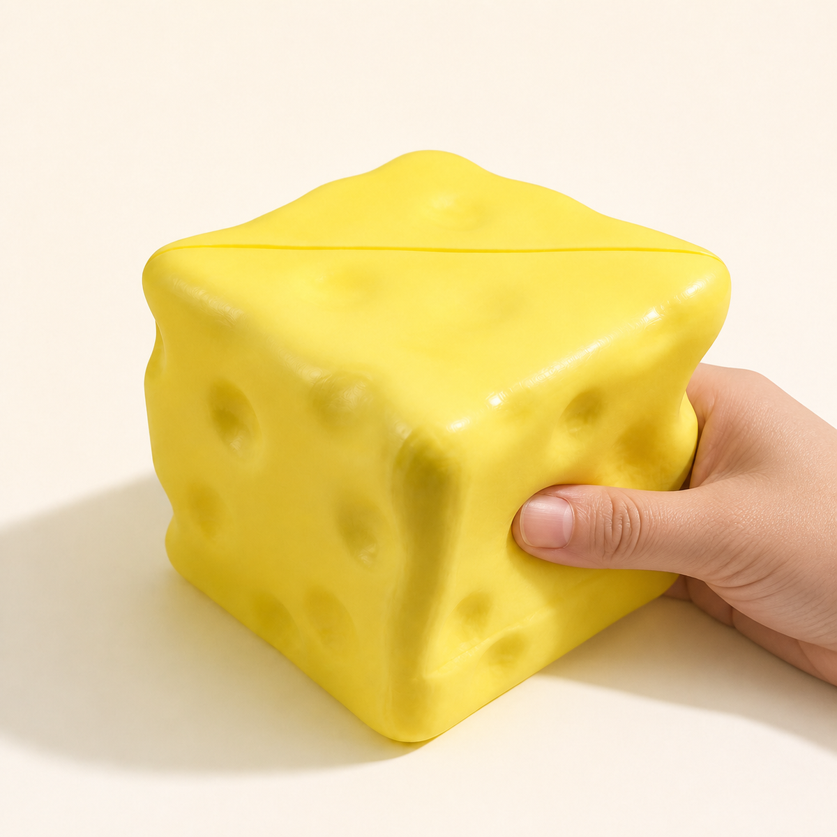 Compact square cheese slow-rise squishy with a hand gently squeezing the lower-right side