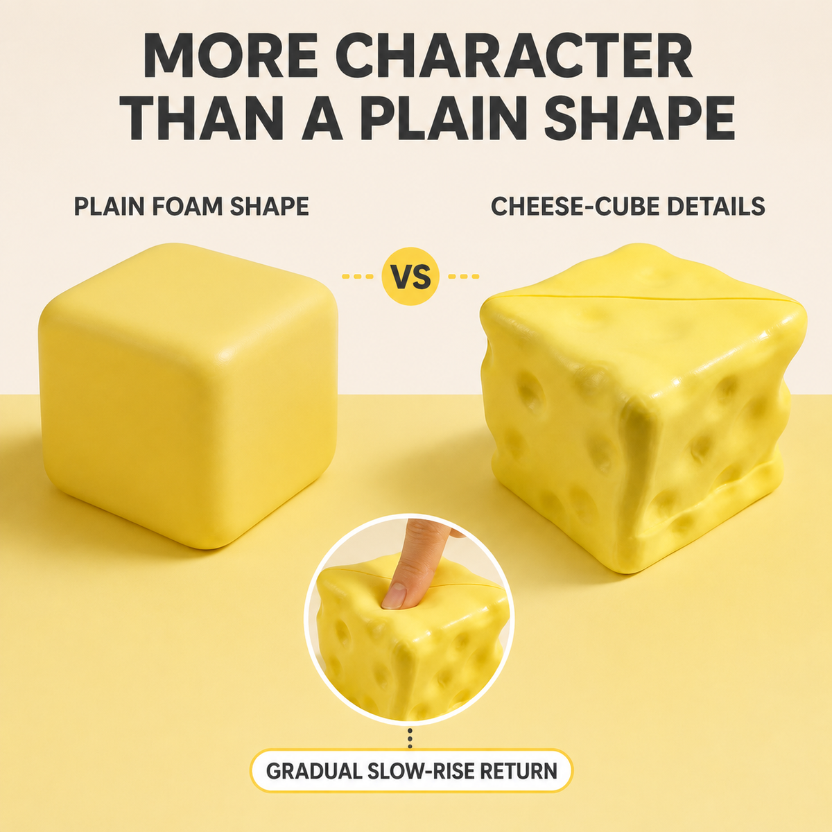 Sculpted cheese cube squishy compared with a plain foam shape