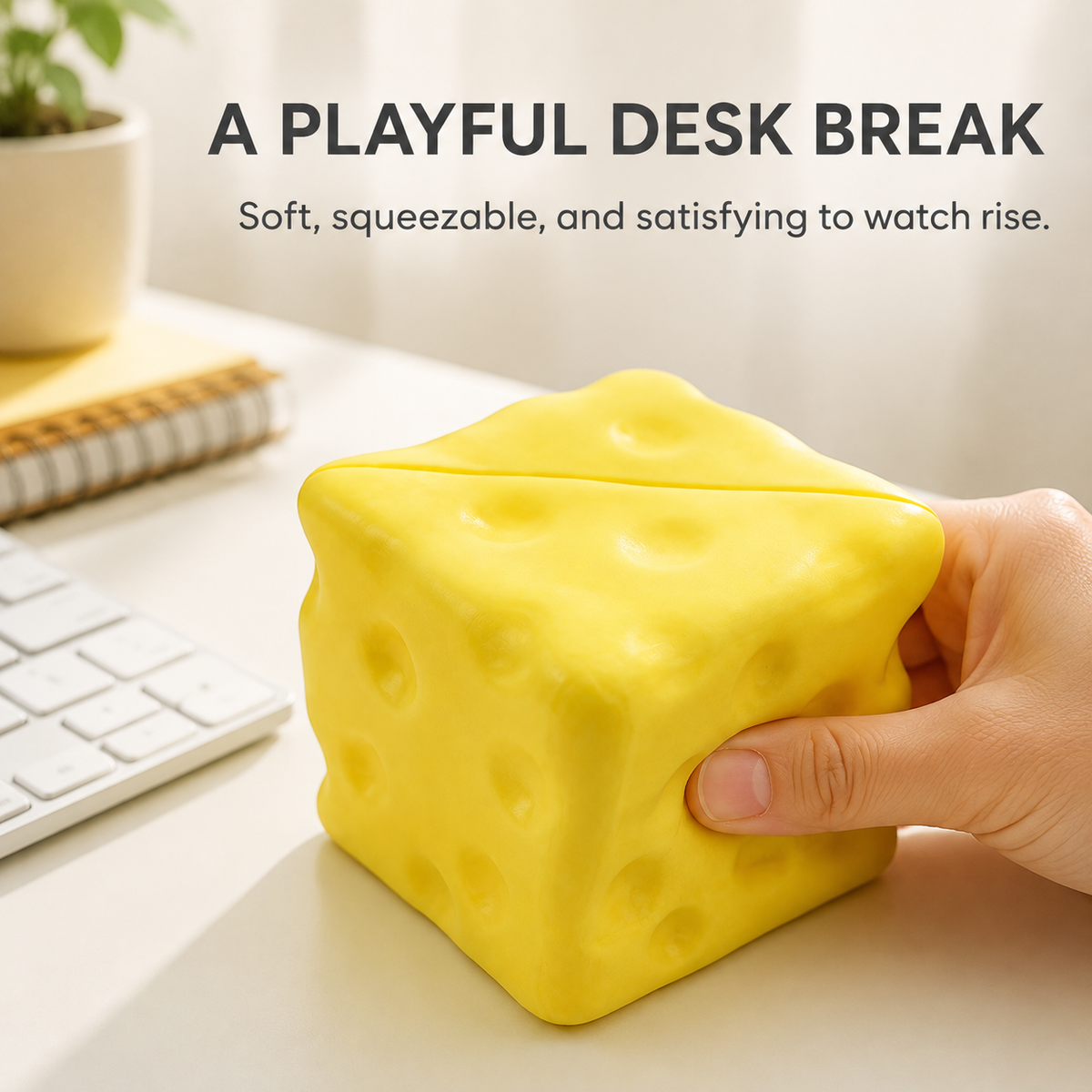 Compact square cheese slow-rise squishy as a playful desk break