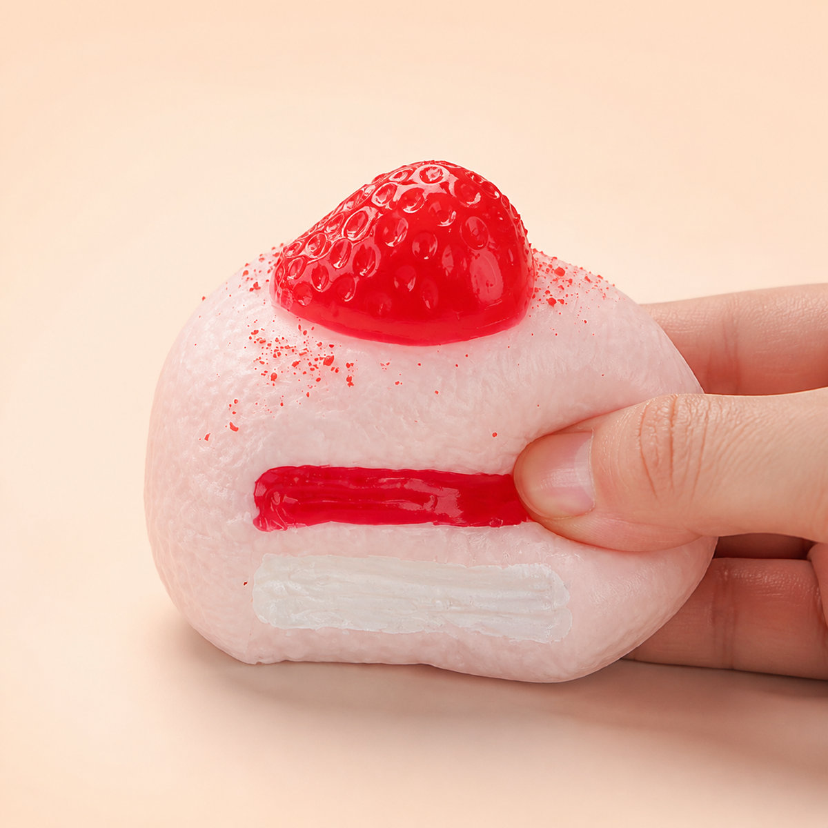 Hand pressing a strawberry cream-cake sensory squeeze toy