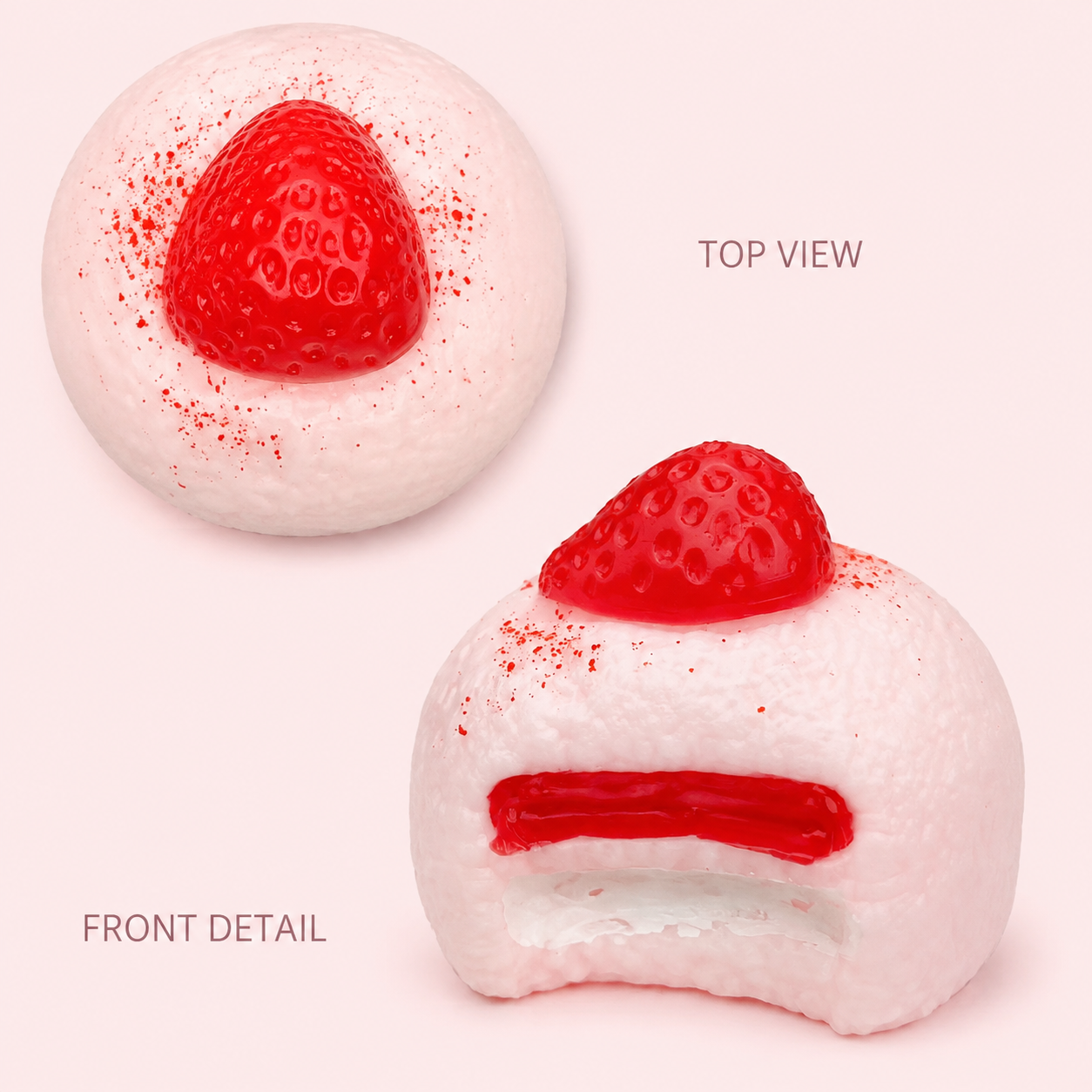 Strawberry cake top view and front detail