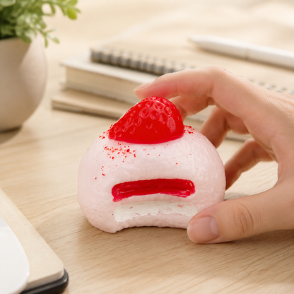 Strawberry cream-cake sensory toy on a cozy desk