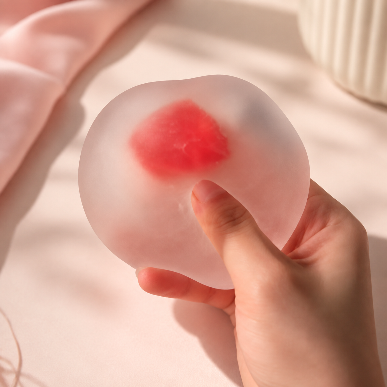 Hand pressing a frosted strawberry mochi gel ball