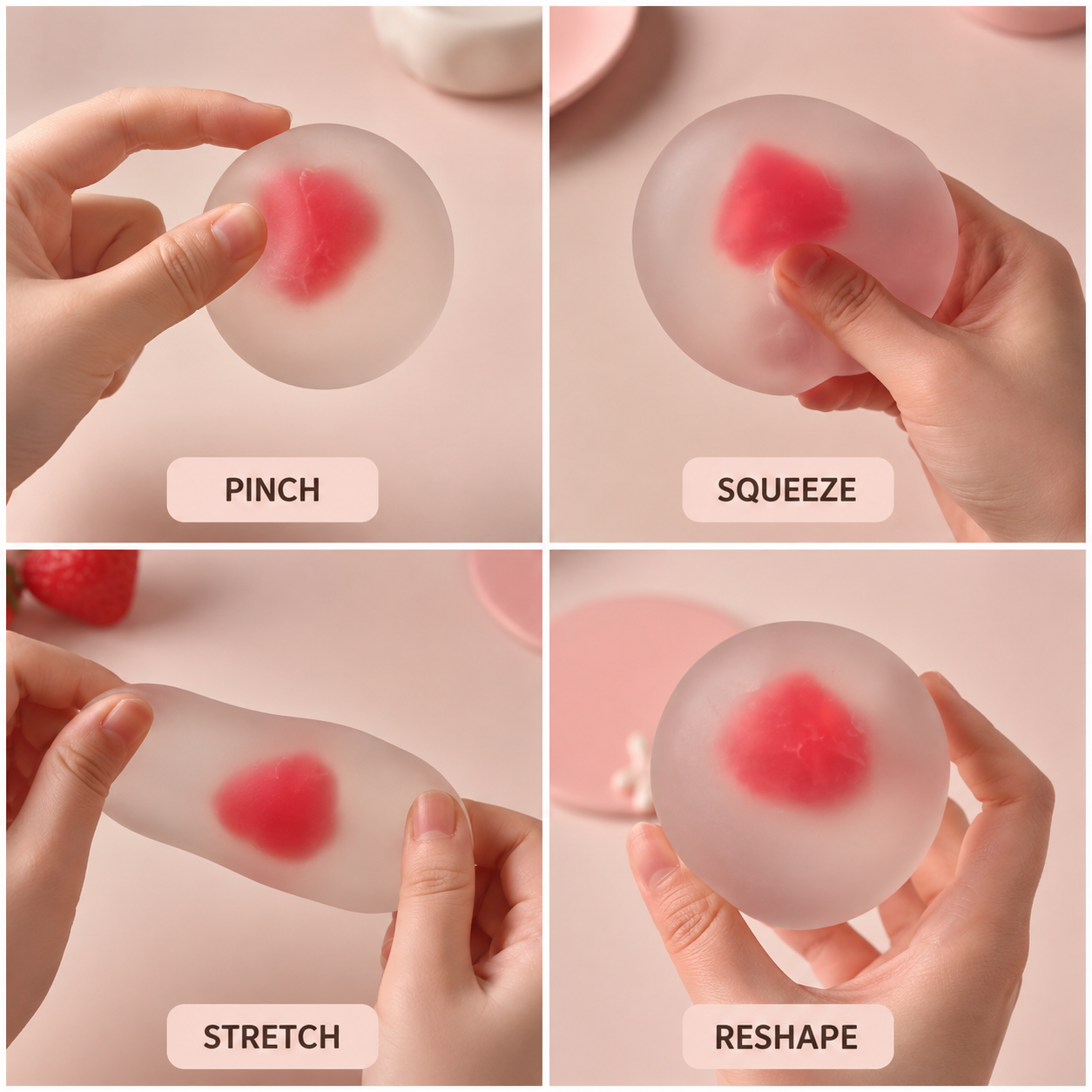 Strawberry mochi gel ball pinch squeeze stretch and reshape guide