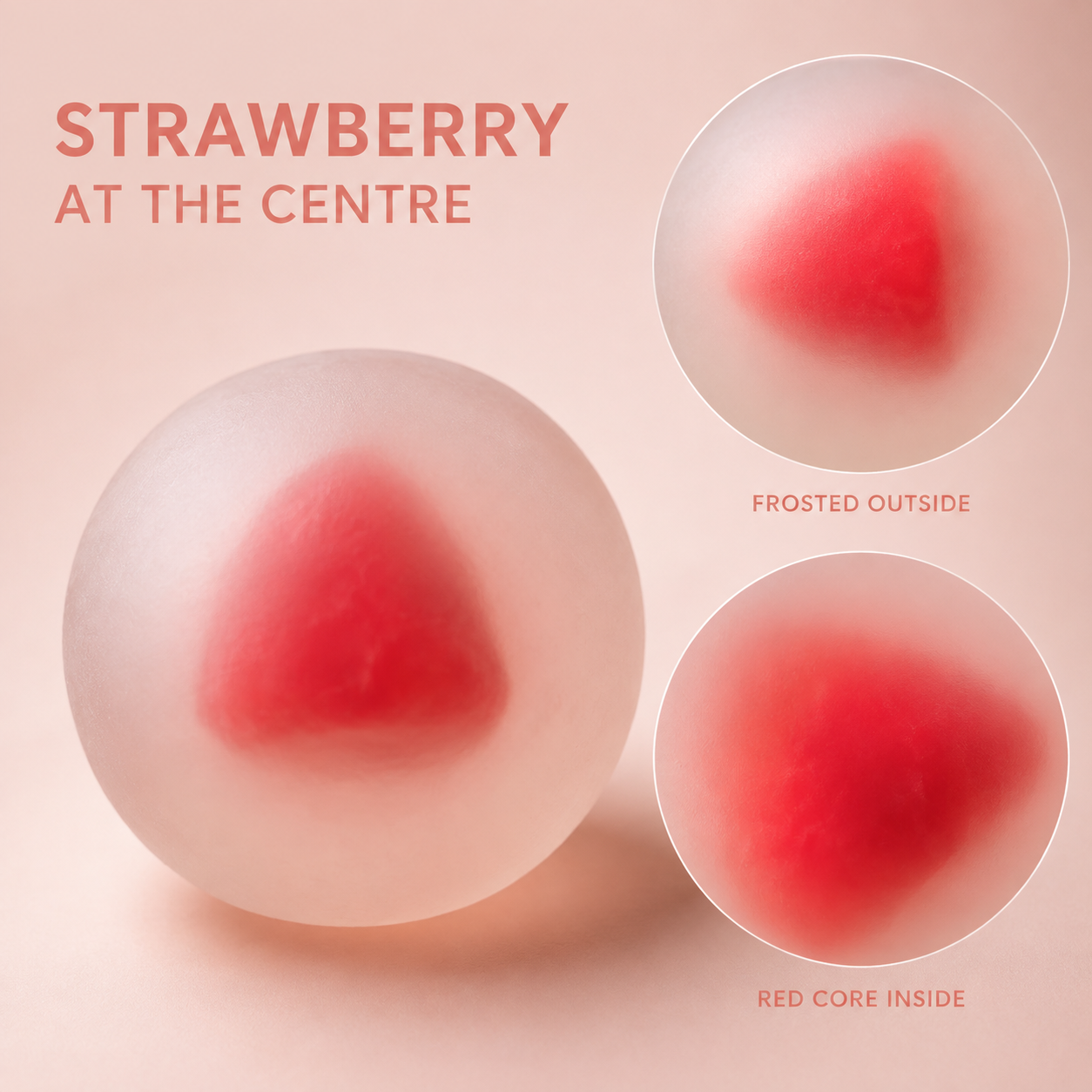 Strawberry mochi ball with frosted outside and red core inside