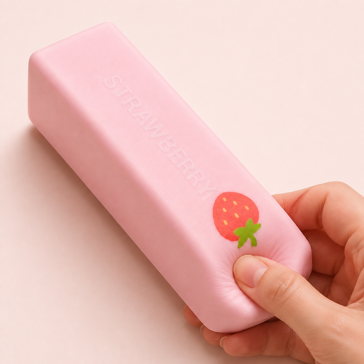 Strawberry stick squishy with a hand gently squeezing the lower-right end