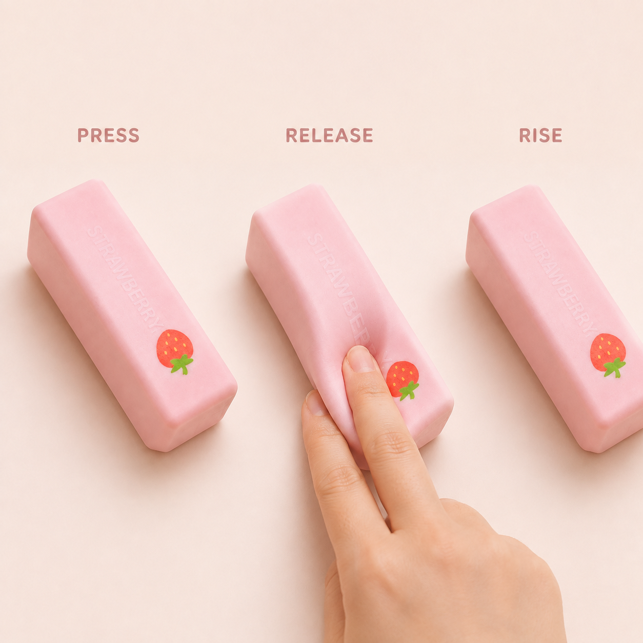 Strawberry stick squishy press release and rise action guide