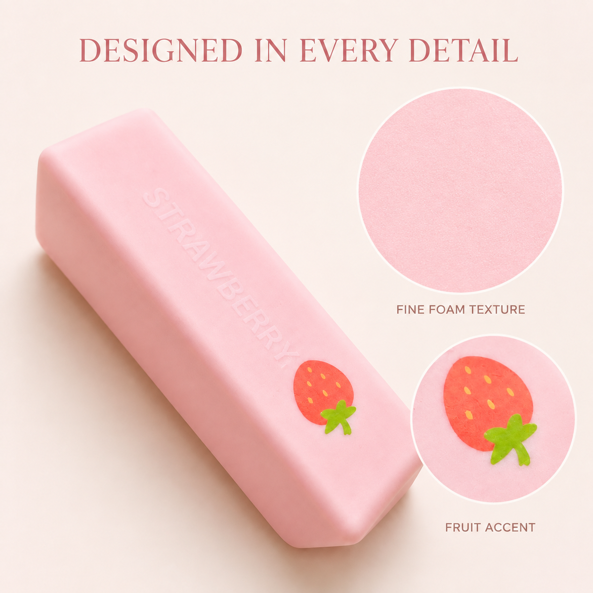 Strawberry stick squishy foam texture and fruit graphic details