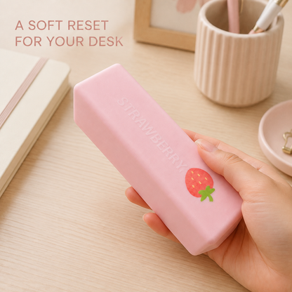 Strawberry stick squishy in a tidy home-office scene