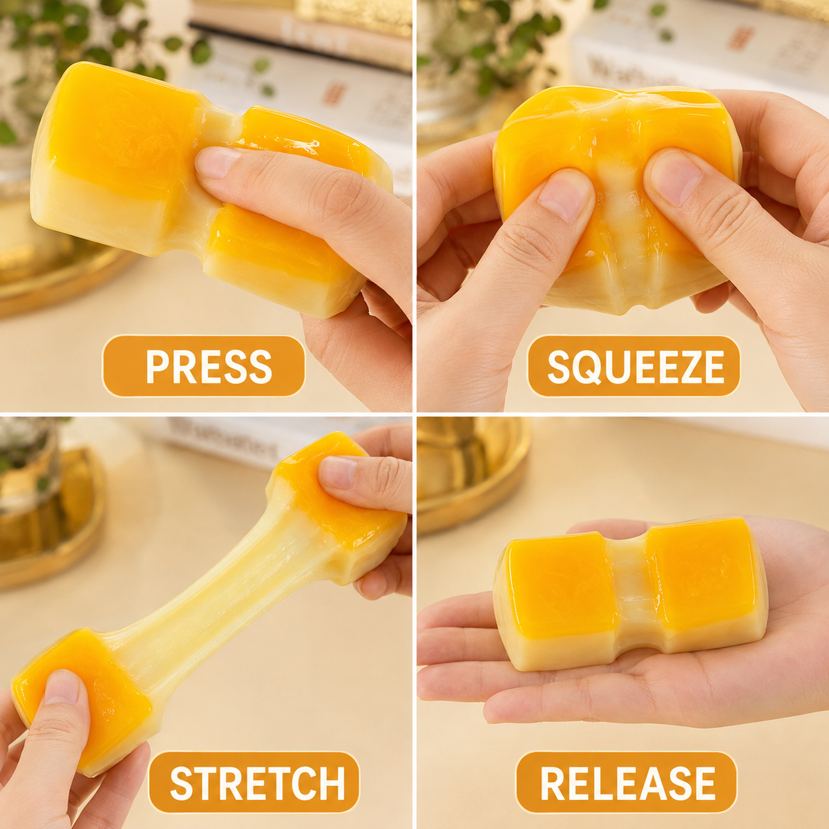 Stretchy rice-cake press squeeze stretch and release guide