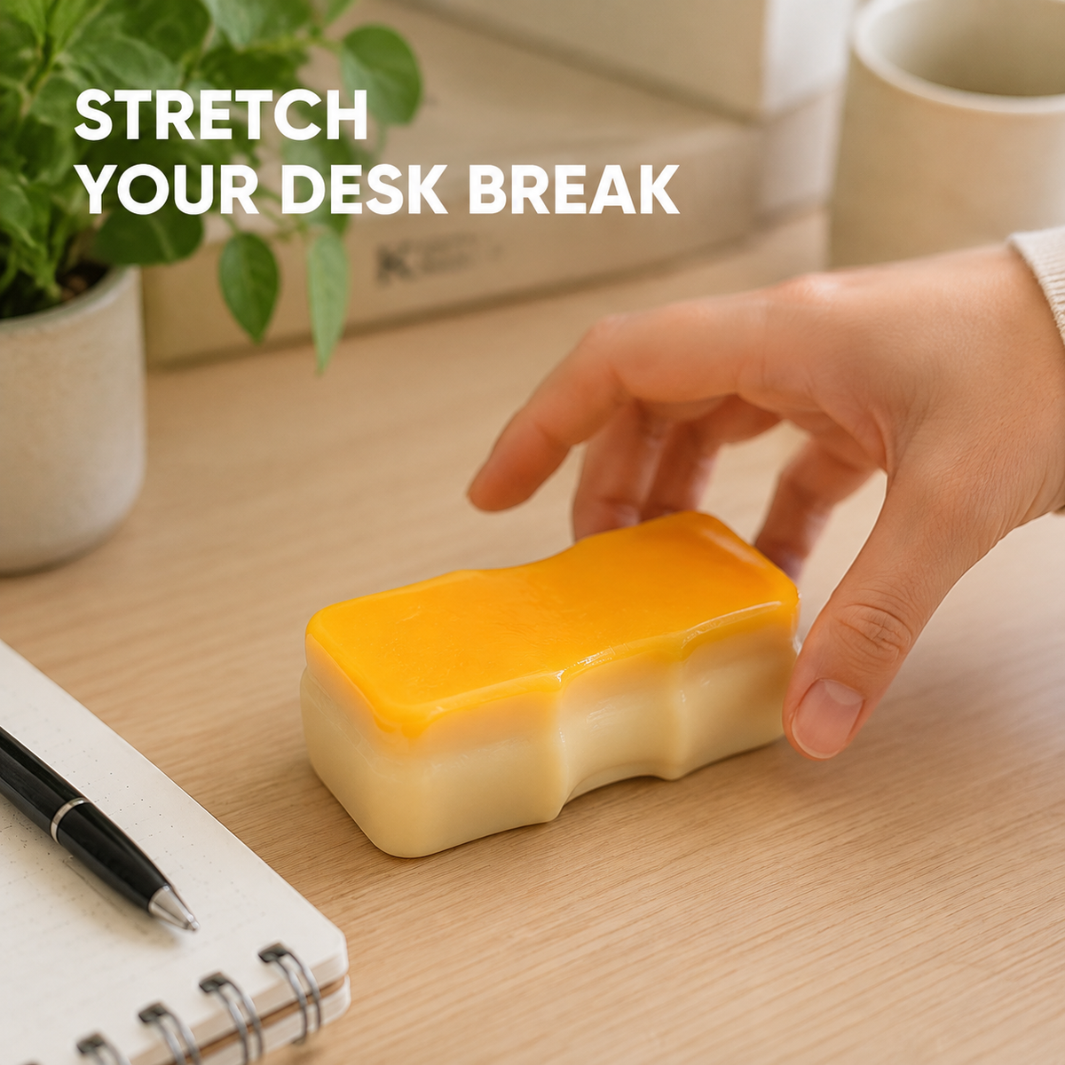 Golden stretchy rice-cake sensory toy on a home-office desk