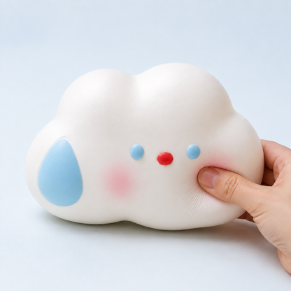 Sweating cloud squishy with a hand gently squeezing the lower-right cloud lobe