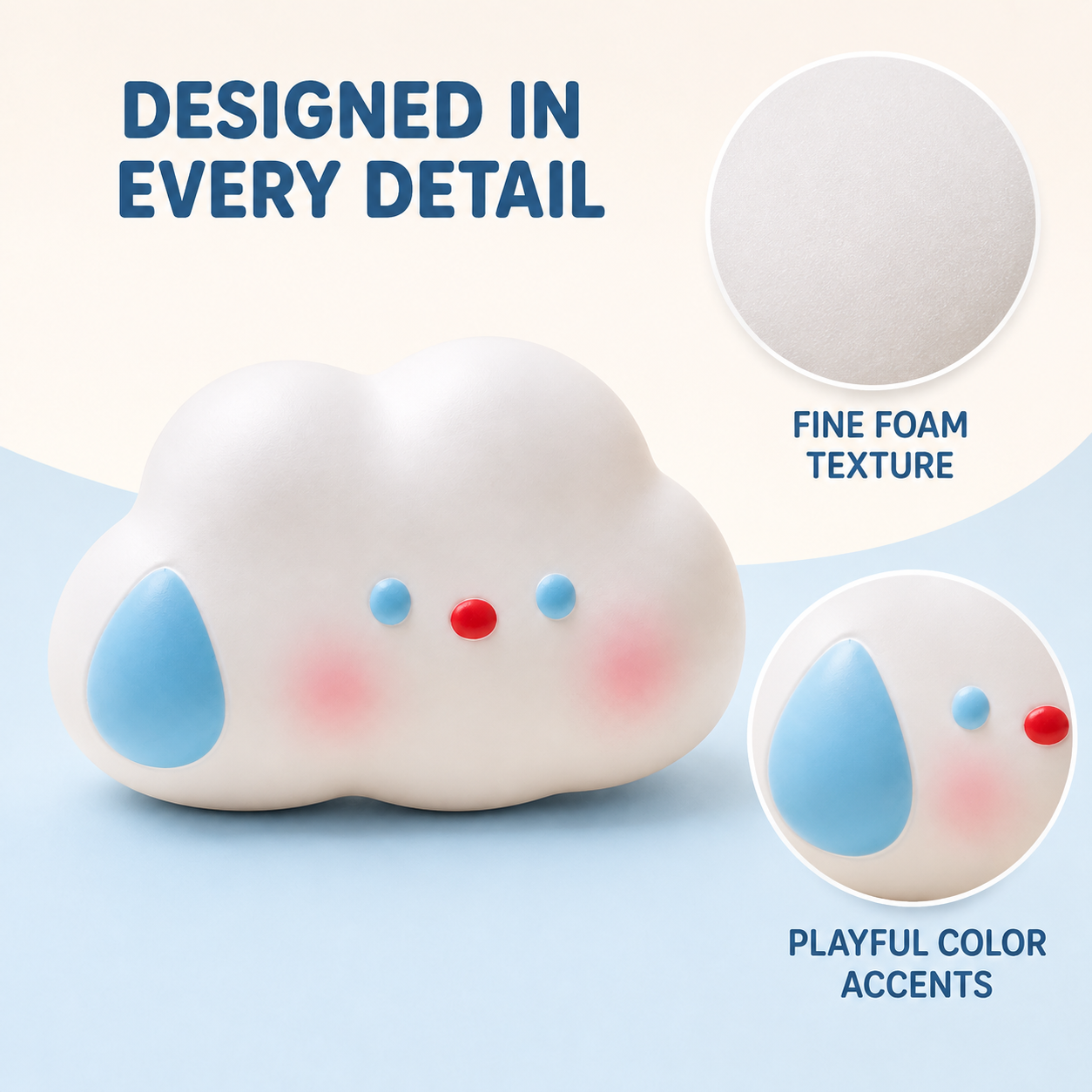 Sweating cloud squishy foam texture and colorful face details